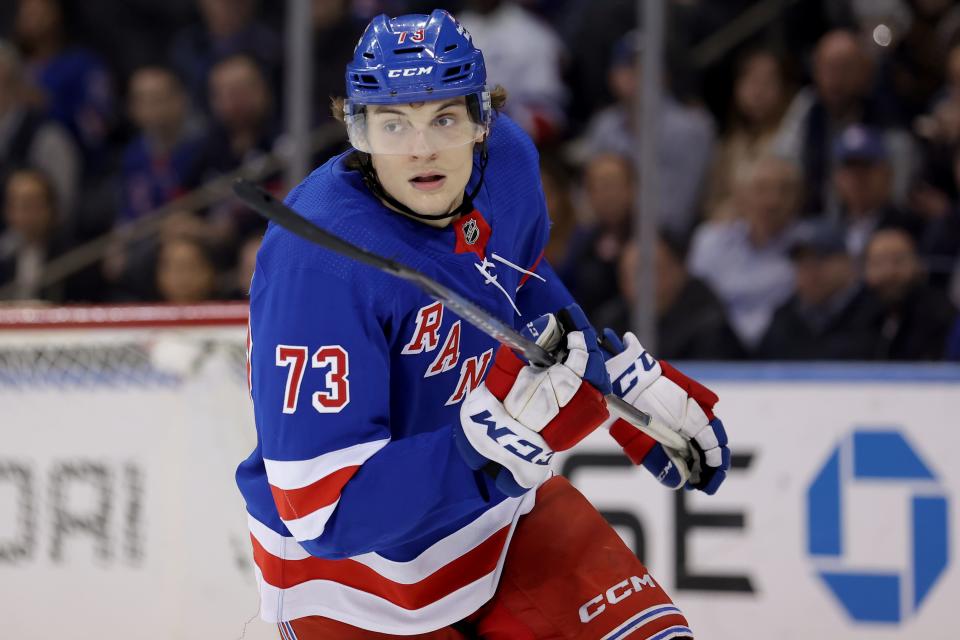 Mar 26, 2024; New York, New York, USA; New York Rangers center Matt Rempe (73) skates against the Philadelphia Flyers during the second period at Madison Square Garden.