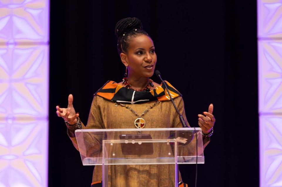 Keynote speaker Dr. Tonya Matthews, President and CEO of the International African American Museum, delivers a speech during the 30th Annual McCrorey YMCA MLK Holiday Breakfast at the Charlotte Convention Center in Charlotte. Isaiah Vazquez/Special to the Observer
