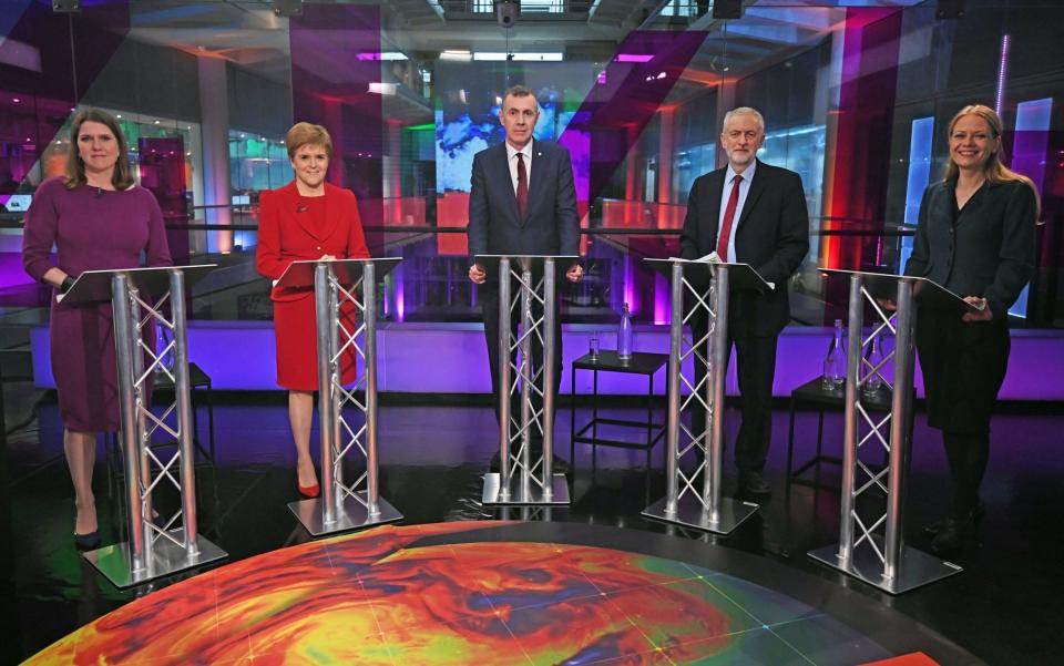 Liberal Democrat leader Jo Swinson, SNP leader Nicola Sturgeon, Plaid Cymru leader Adam Price, Labour Party leader Jeremy Corbyn and Green Party Co-Leader Sian Berry, before the start of the Channel 4 News' General Election climate debate. - Getty Images Europe