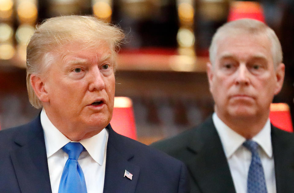 LONDON, UNITED KINGDOM - JUNE 03: (EMBARGOED FOR PUBLICATION IN UK NEWSPAPERS UNTIL 24 HOURS AFTER CREATE DATE AND TIME) U.S. President Donald Trump accompanied by Prince Andrew, Duke of York visits Westminster Abbey where he laid a wreath at the grave of the Unknown Warrior on day 1 of his State Visit to the UK on June 3, 2019 in London, England. President Trump's three-day state visit will include lunch with the Queen, and a State Banquet at Buckingham Palace, as well as business meetings with the Prime Minister and the Duke of York, before travelling to Portsmouth to mark the 75th anniversary of the D-Day landings. (Photo by Max Mumby/Indigo/Getty Images)