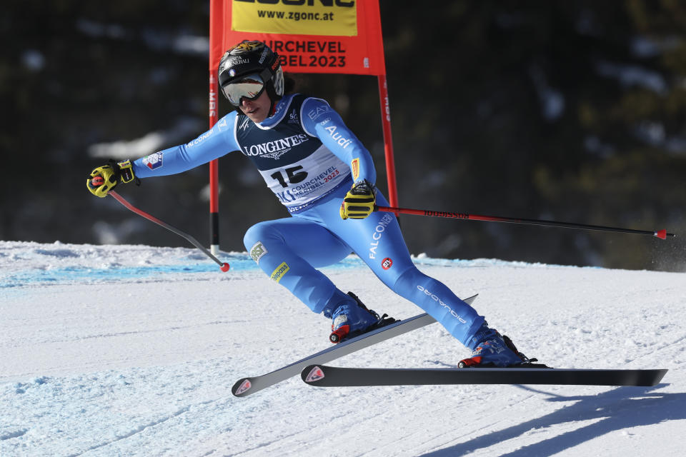 Italy's Federica Brignone speeds down the course during the super G portion of an alpine ski, women's World Championship combined race, in Meribel, France, Monday, Feb. 6, 2023. (AP Photo/Alessandro Trovati)
