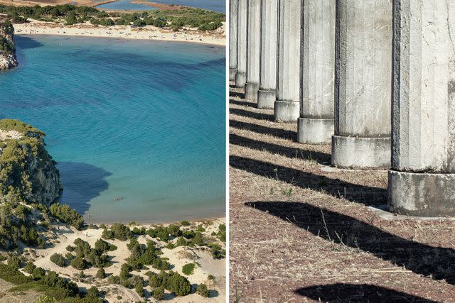 <p>Margarita Nikitaki</p> From left: The horseshoe-shaped Voidokilia Beach, in the Greek Peloponnese; columns at the site of Ancient Messene.