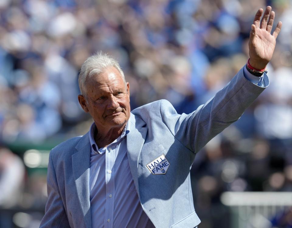 Mar 28, 2024; Kansas City, Missouri, USA; MLB Hall of Famer and former Kansas City Royal George Brett acknowledges the crowd prior to a game against the Minnesota Twins at Kauffman Stadium. Mandatory Credit: Jay Biggerstaff-USA TODAY Sports