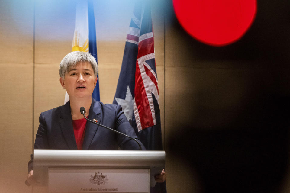 Australian Foreign Minister Penny Wong speaks beside Philippine Foreign Affairs Secretary Enrique Manalo during a joint press conference at a hotel in Makati City, Philippines on Thursday May 18, 2023. (Lisa Marie David/Pool Photo via AP)