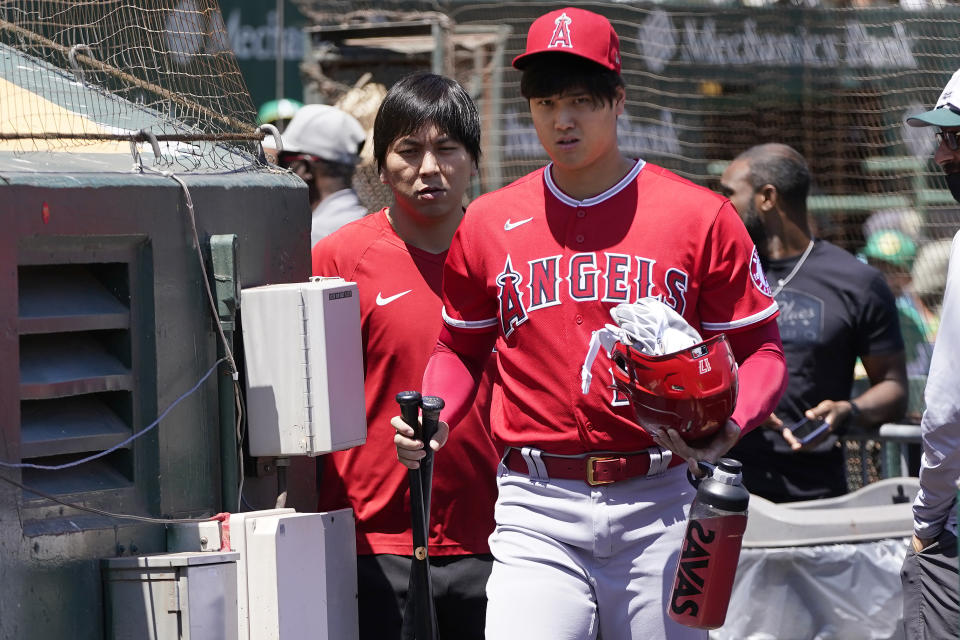 天使續戰運動家的比賽，大谷翔平慘吞3K僅獲得1次保送 (AP Photo/Jeff Chiu)