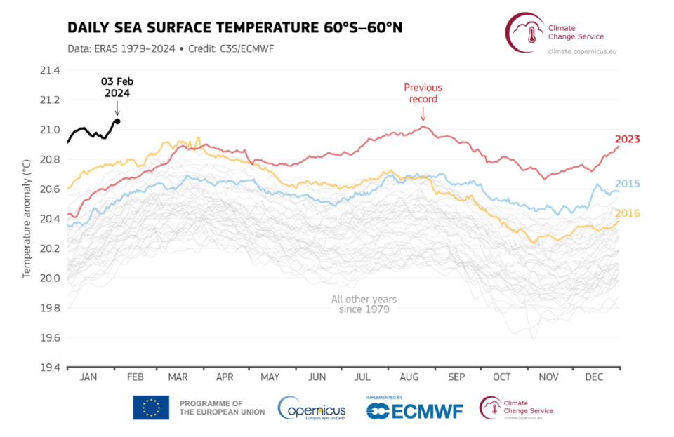 Data from C3S shows sea surface temperatures in 2024 standing higher than all previous years (Copernicus Climate Change Service (C3S))