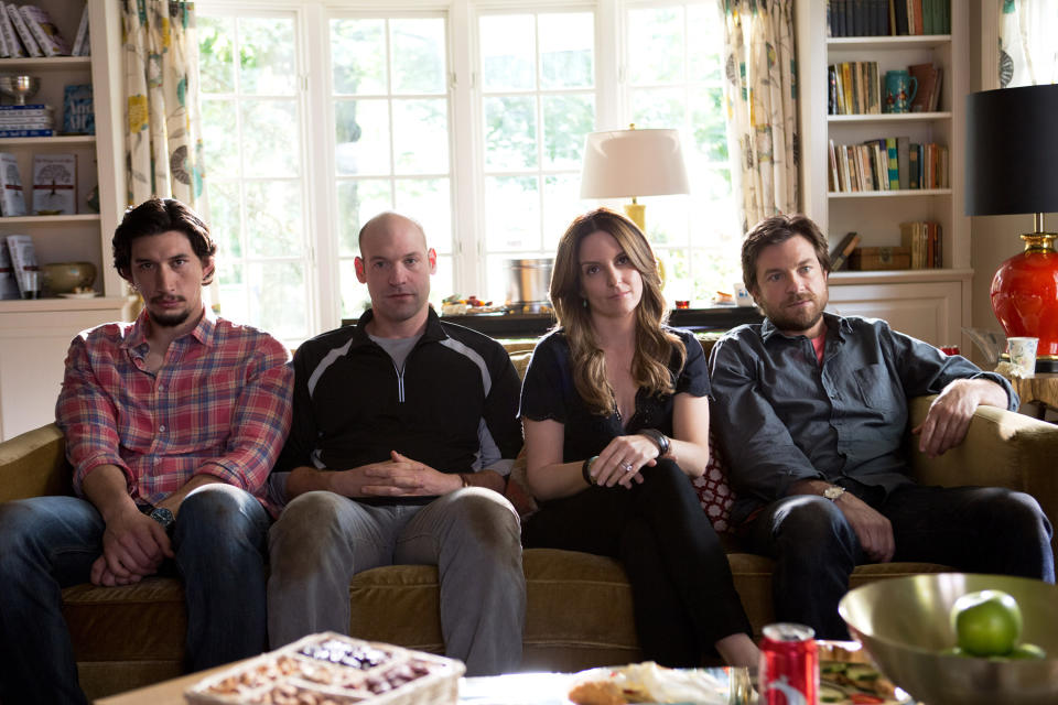 Adam Driver, Corey Stoll, Tina Fey, and Jason Bateman sitting on a couch