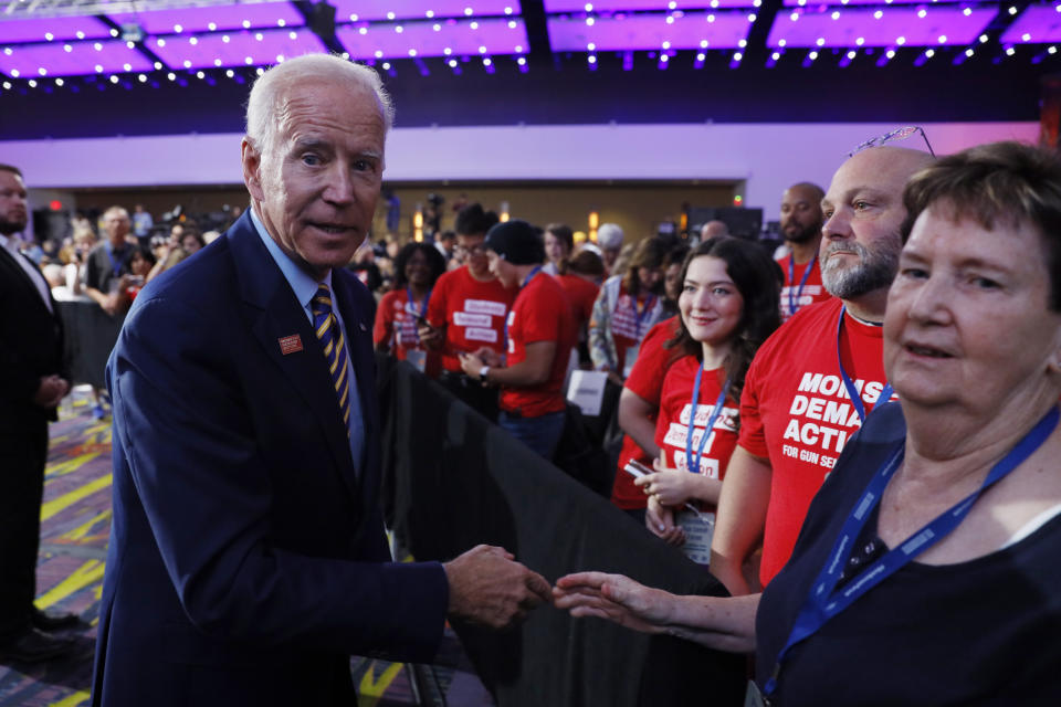 Democratic presidential candidate former Vice President Joe Biden greets audience members after speaking at the Presidential Gun Sense Forum, Saturday, Aug. 10, 2019, in Des Moines, Iowa. (AP Photo/Charlie Neibergall)