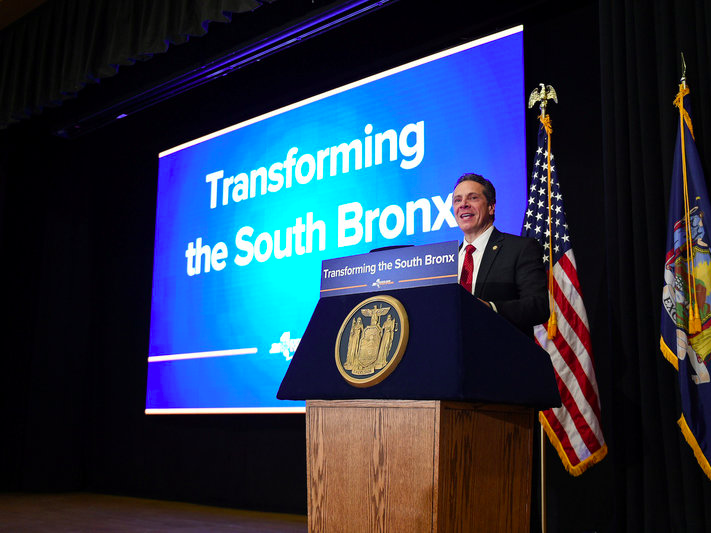 New York Governor Andrew Cuomo announces a $1.8 billion project to transform the South Bronx by reconstruction of the Bruckner-Sheridan Interchange in New York City, United States in this March 19, 2017 handout photo.   Kevin P. Coughlin/Office of Governor Andrew M. Cuomo/Handout via REUTERS