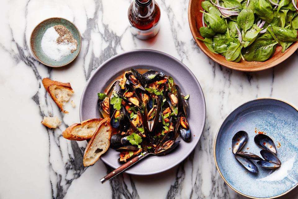 <h1 class="title">Beer-Steamed Mussels with Chorizo</h1><cite class="credit">Photo by Chelsea Kyle, Food Styling by Joanna Keohane</cite>