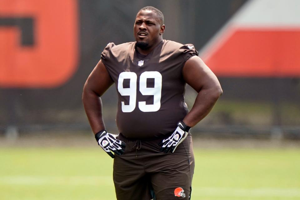 Cleveland Browns defensive tackle Andrew Billings looks on during a practice in July 2021 in Berea.