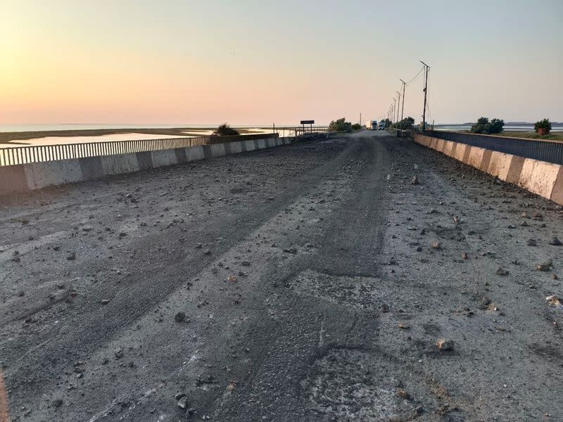 A view shows the damaged Chonhar bridge connecting Russian-held parts of Ukraine's Kherson region to the Crimean peninsula