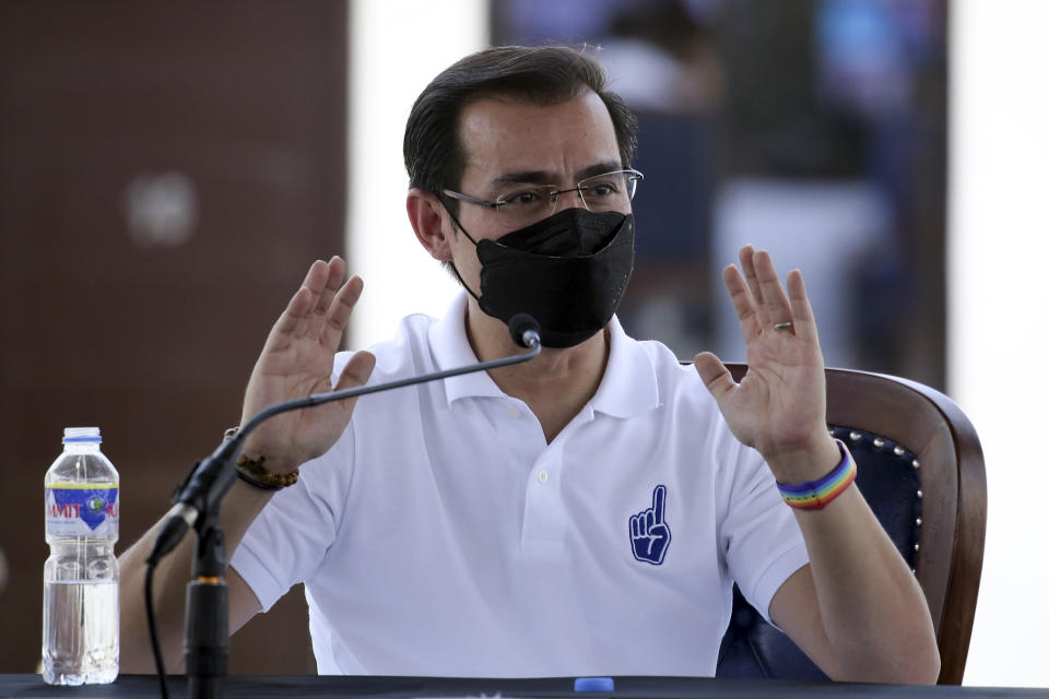 Manila Mayor Isko Moreno answers questions after he declared his bid to run for president in a speech at a public school in the slum area near the place where he grew up in Manila, Philippines on Wednesday Sept. 22, 2021. The popular mayor of the Philippine capital said Wednesday he will run for president in next year's elections, the latest aspirant in what is expected to be a crowded race to succeed the controversial Rodrigo Duterte. (AP Photo)