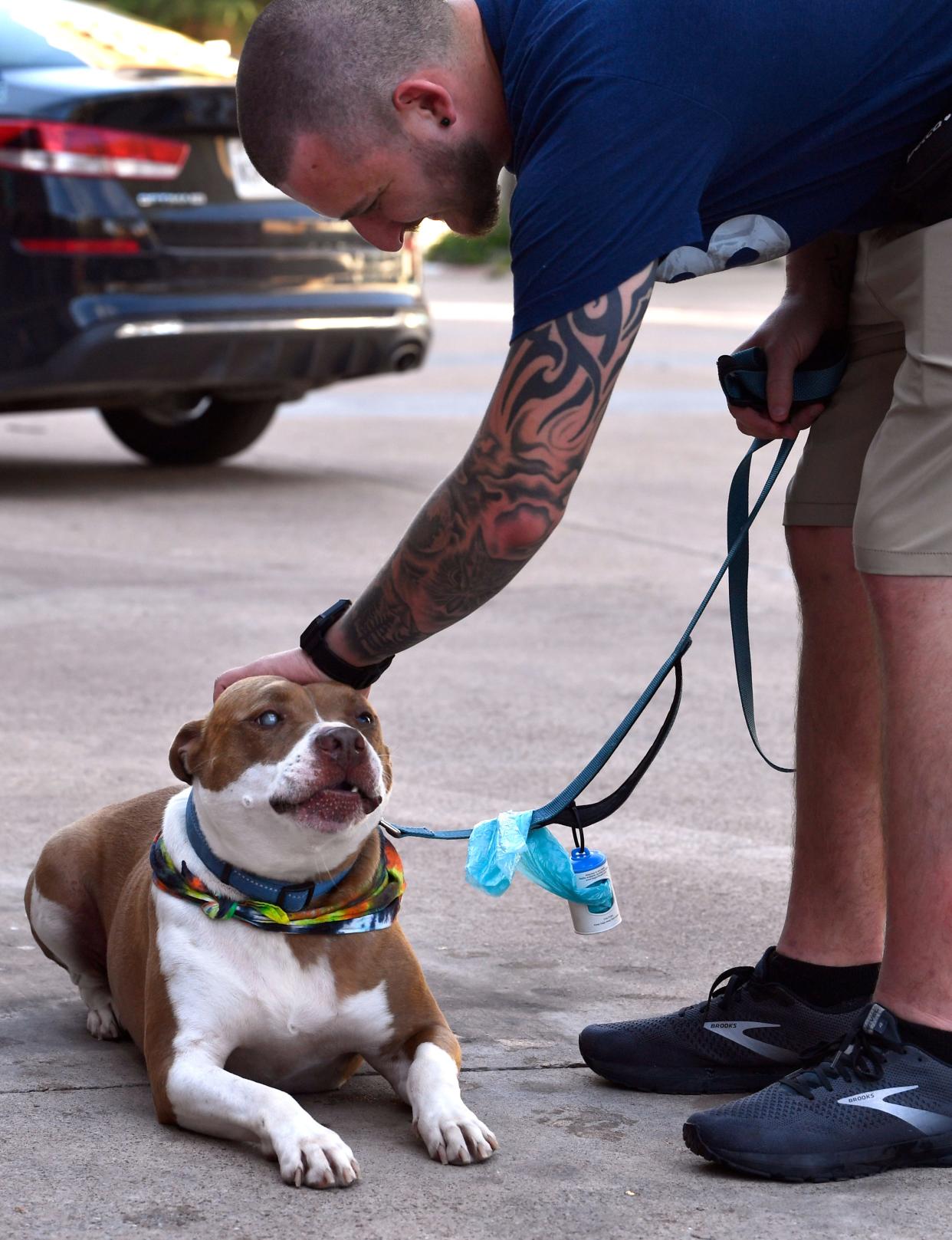 Brett Silverman gives his dog Scout a rub behind the ears after a successful trick at DogWalk in July.