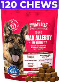 Mighty Petz MAX Dog Allergy Relief Chews - Itch Free Skin - Immune Supplement with Omega 3 Fish Oil + Probiotics