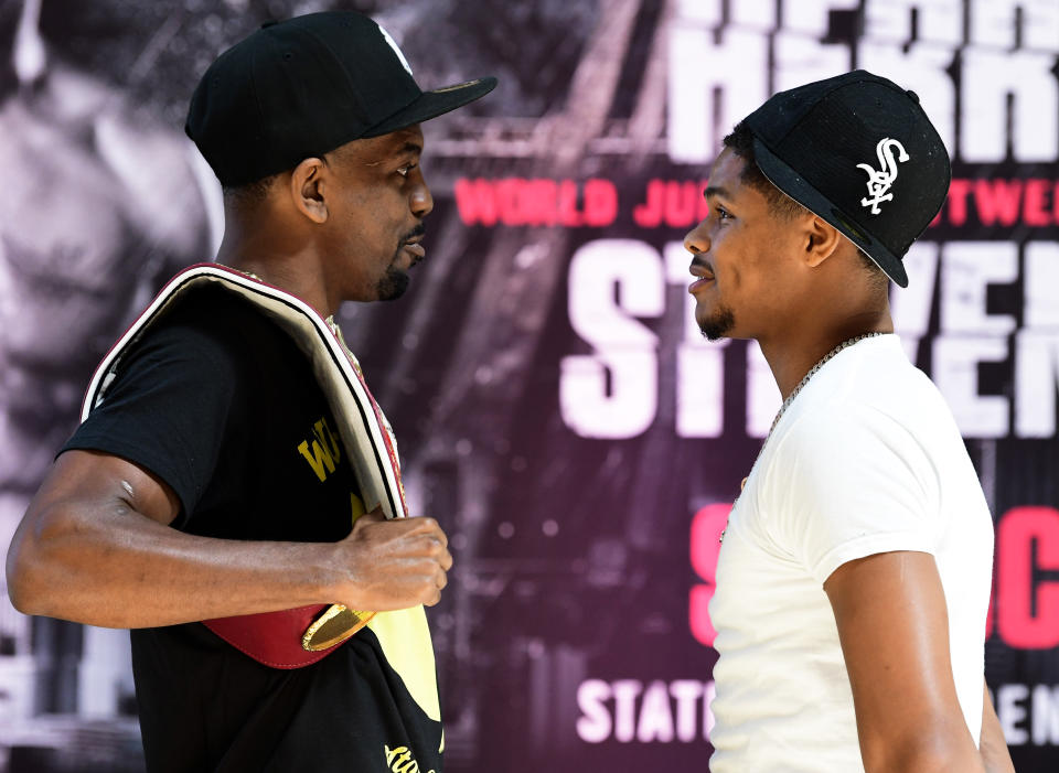 ATLANTA, GEORGIA - SEPTEMBER 09: Jamel Herring (L) and Shakur Stevenson (R) face-off during their press conference for the WBO super featherweight championship at Omni Atlanta Hotel at CNN Center on September 09, 2021 in Atlanta, Georgia. (Photo by Kyle Hess/Top Rank Inc via Getty Images)