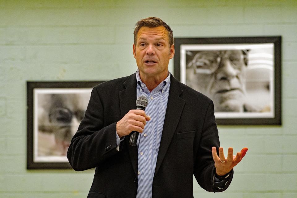 Controversial Republican Kris Kobach is trying to resuscitate his political career by winning his party's nomination for an open Senate seat in Kansas. Democrats are doing their part to make that happen, seeing him as a candidate they can beat in November. (Mark Reinstein via Getty Images)