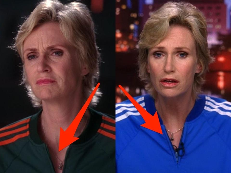 Coach Sue wearing the same microphone necklace.