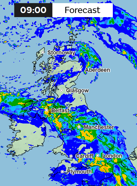 Rainfall forecast for 9am on Saturday. (Met Office)