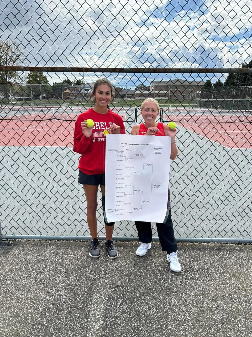 Shelby's Bella Carver (left) and Annie Mahek won the Division II sectional doubles championship on Saturday at Shelby High School.