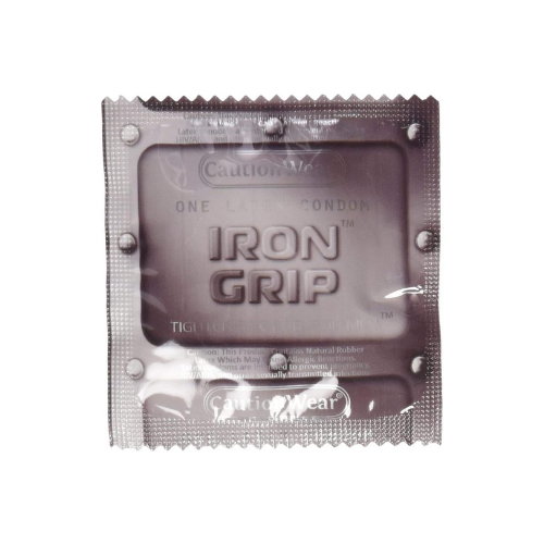 Caution Wear Iron Grip Latex Condom against white background