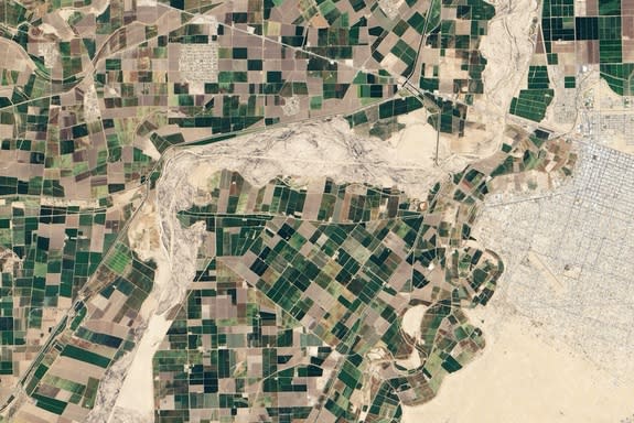 An April 2013 image of the Colorado River in northern Mexico shows only dry riverbed.