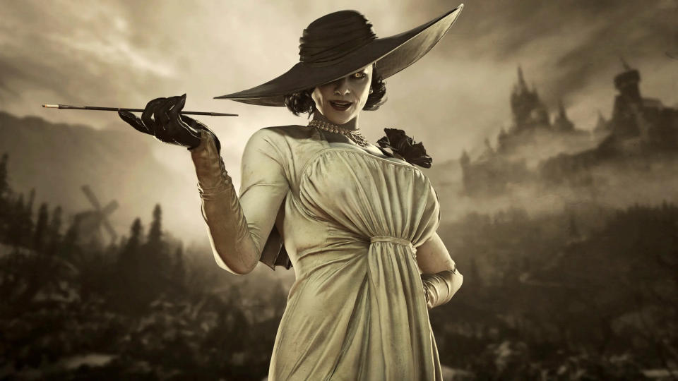 Lady Dimitrescu in Resident Evil village holding a long cigarette holder