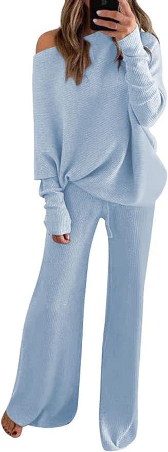 Linsery Women 2 Piece Sweater Sets High Neck Knitted Pullover Wide Leg  Casual Sweatsuit