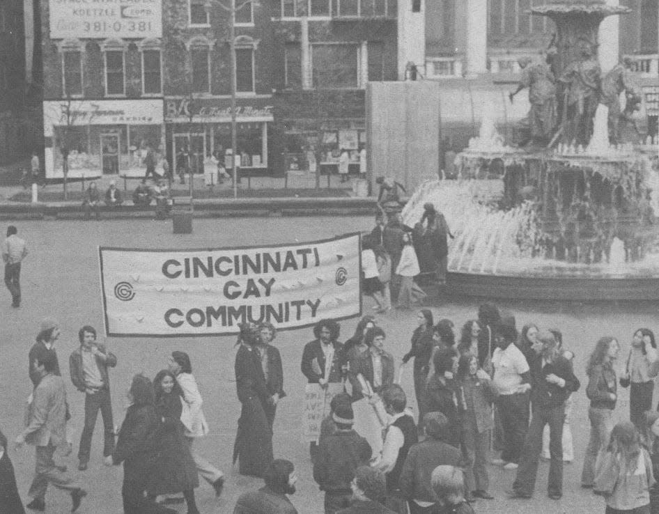 Photo of the first Gay Pride Parade at Fountain Square on April 7, 1973, as appeared in the Independent Eye, an underground newspaper. Photo by Eye photographer Annice.