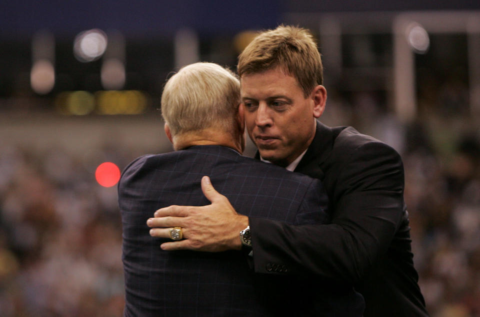 Troy Aikman and Jerry Jones have shared a lot of good times, but the former Cowboys QB says the team needs a “complete overhaul.” (Getty)