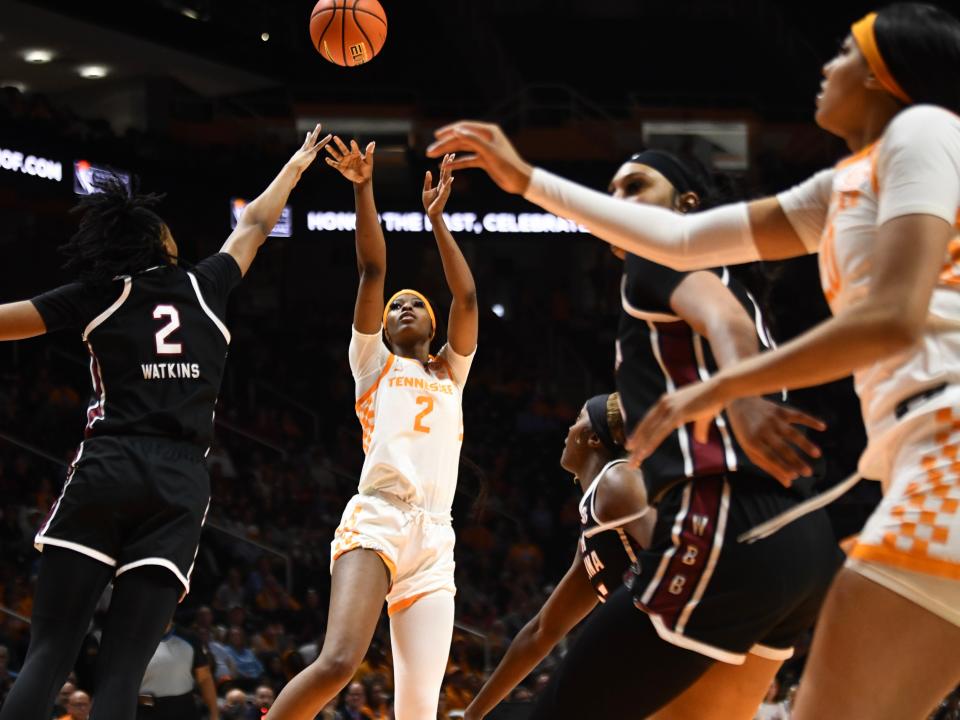 Tennessee's Rickea Jackson (2) with the shot attempt while guarded by South Carolina's Ashlyn Watkins (2) during an NCAA college basketball game on Thursday, February 15, 2024 in Knoxville, Tenn.