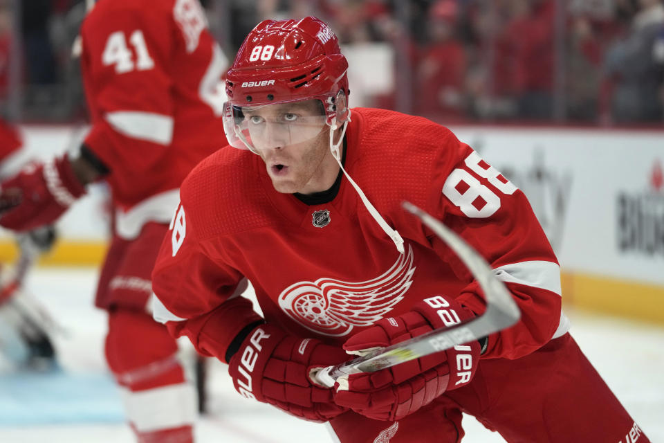 Detroit Red Wings' Patrick Kane (88) skates during warms up before an NHL hockey game against the San Jose Sharks, Thursday, Dec. 7, 2023, in Detroit. (AP Photo/Paul Sancya)