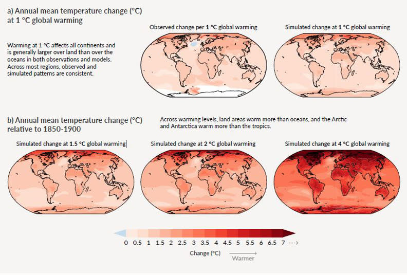 地球升溫情境模擬，從升高1度到4度情況差異。擷取自IPCC報告