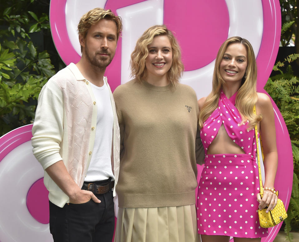 FILE - Ryan Gosling, from left, Greta Gerwig and Margot Robbie arrive at a photo call for "Barbie" on June 25, 2023, at the Four Seasons Hotel in Los Angeles. Vietnam's state media have reported that the government banned distribution of the popular ‘Barbie’ movie because it includes a view of a map showing disputed Chinese territorial claims in the South China Sea. (Photo by Jordan Strauss/Invision/AP, File)