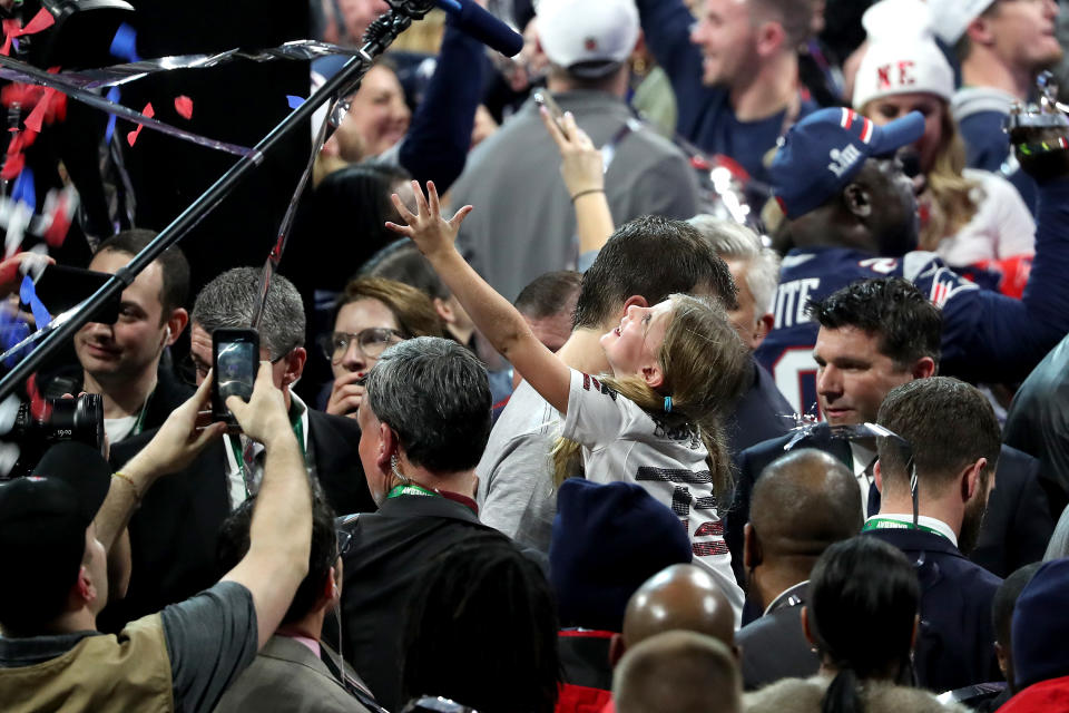 ATLANTA, GEORGIA - FEBRUARY 03: Tom Brady #12 of the New England Patriots celebrates with Vivian Lake Brady after his 13-3 win against Los Angeles Rams during Super Bowl LIII at Mercedes-Benz Stadium on February 03, 2019 in Atlanta, Georgia. (Photo by Streeter Lecka/Getty Images)