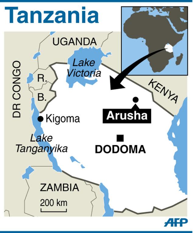 Map locating Arusha in northern Tanzania, which was targeted in a bomb attack
