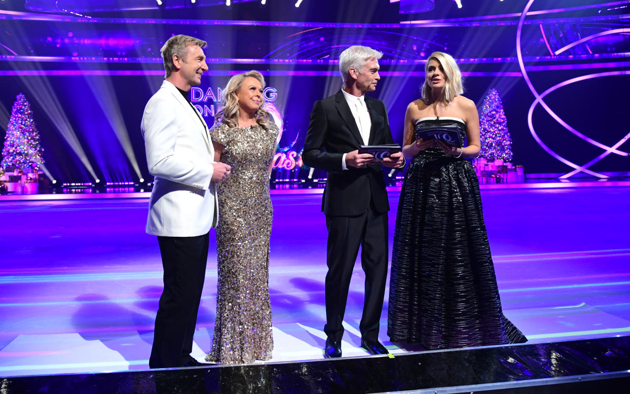 Jayne Torvill, Christopher Dean, Phillip Schofield and Holly Willoughby attending the launch of Dancing On Ice 2020, held at Bovingdon Airfield, Hertfordshire.