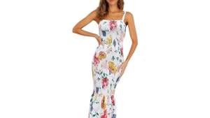 PRETTYGARDEN Women's Summer Floral Midi Tank Dress Sleeveless Strappy  Ruffle Hem Smocked Bodycon Dresses