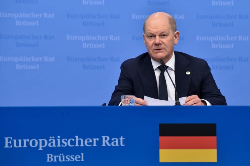 German Chancellor Olaf Scholz speaks during a press conference after the Special European Council meeting in Brussels. Gaetan Claessens/European Council/dpa