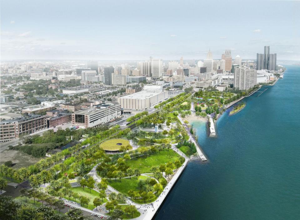 A rendering shows the plan for the Ralph C. Wilson Jr. Centennial Park on Detroit's west riverfront, scheduled to be completed and open to the public in late 2022.