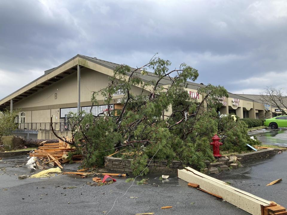 A building is damaged and trees are down after severe storm swept through Little Rock, Ark., Friday, March 31, 2023. (AP Photo/Andrew DeMillo)