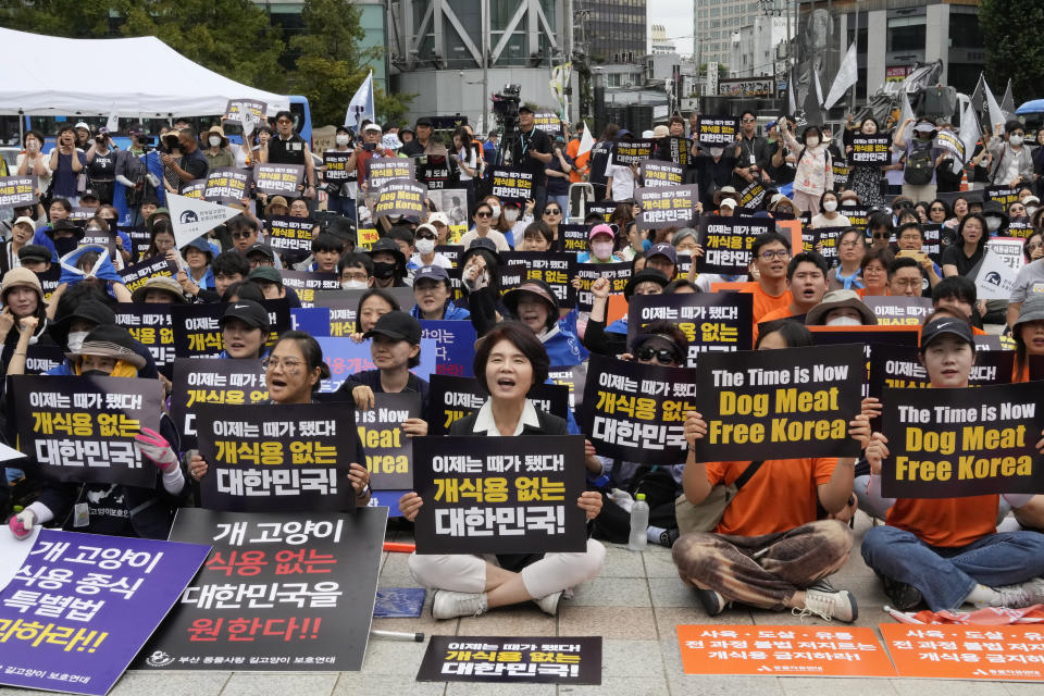 Han Jeoungae, bottom center, an opposition Liberal Democratic Party lawmaker, and animal rights activists stage a rally opposing South Korea's traditional culture of eating dog meat in Seoul, South Korea, Saturday, July 8, 2023. Dog meat consumption, a centuries-old practice on the Korean Peninsula, isn't explicitly prohibited or legalized in South Korea. But more and more people want it banned, and there's increasing public awareness of animal rights and worries about South Korea’s international image. (AP Photo/Ahn Young-joon)