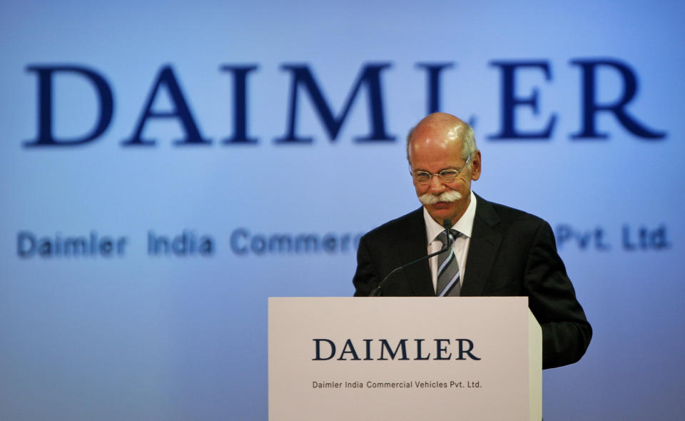 Daimler AG CEO Dieter Zetsche addresses the media during the opening ceremony of Daimler's new factory in Oragadam at Kancheepuram district 60 kilometers (38 miles) from Chennai, India, Wednesday, April 18, 2012. The German auto maker will start building trucks at the new factory beginning in the third quarter. The factory will initially have a capacity to make 36,000 trucks a year and raise it to 72,000 units, the company said.(AP Photo/Arun Shankar)