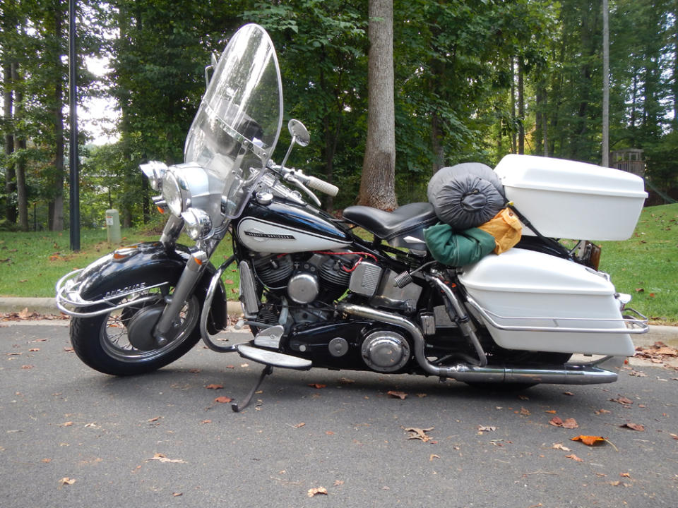 Ready to pull out with my hard bags packed to capacity and my camping gear strapped on the rear fender.