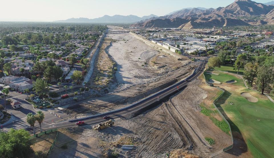 The Ofelia Bringas Memorial Bridge under construction on Cathedral Canyon Drive at the Whitewater Wash in 2020.