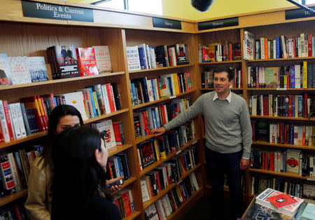 Democratic 2020 U.S. presidential candidate and South Bend Mayor Pete Buttigieg greets potential supporters as he campaigns at Gibson's Bookstore in Concord, New Hampshire, U.S., April 6, 2019. REUTERS/Mary Schwalm