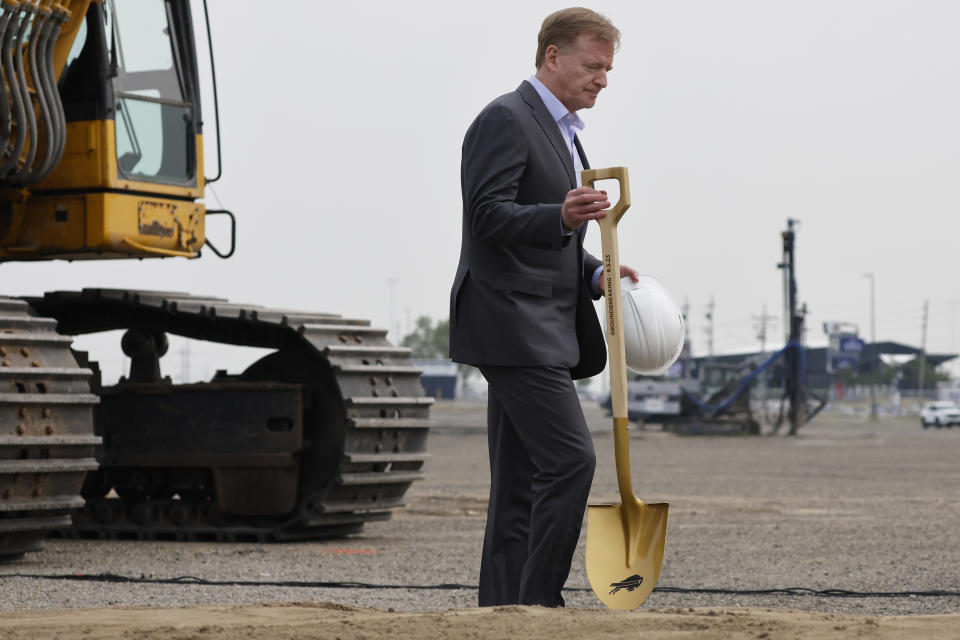 NFL Commissioner Roger Goodell participates in the groundbreaking ceremony at the site of the new Bills Stadium in Orchard Park, N.Y., Monday June 5, 2023. (AP Photo/Jeffrey T. Barnes)
