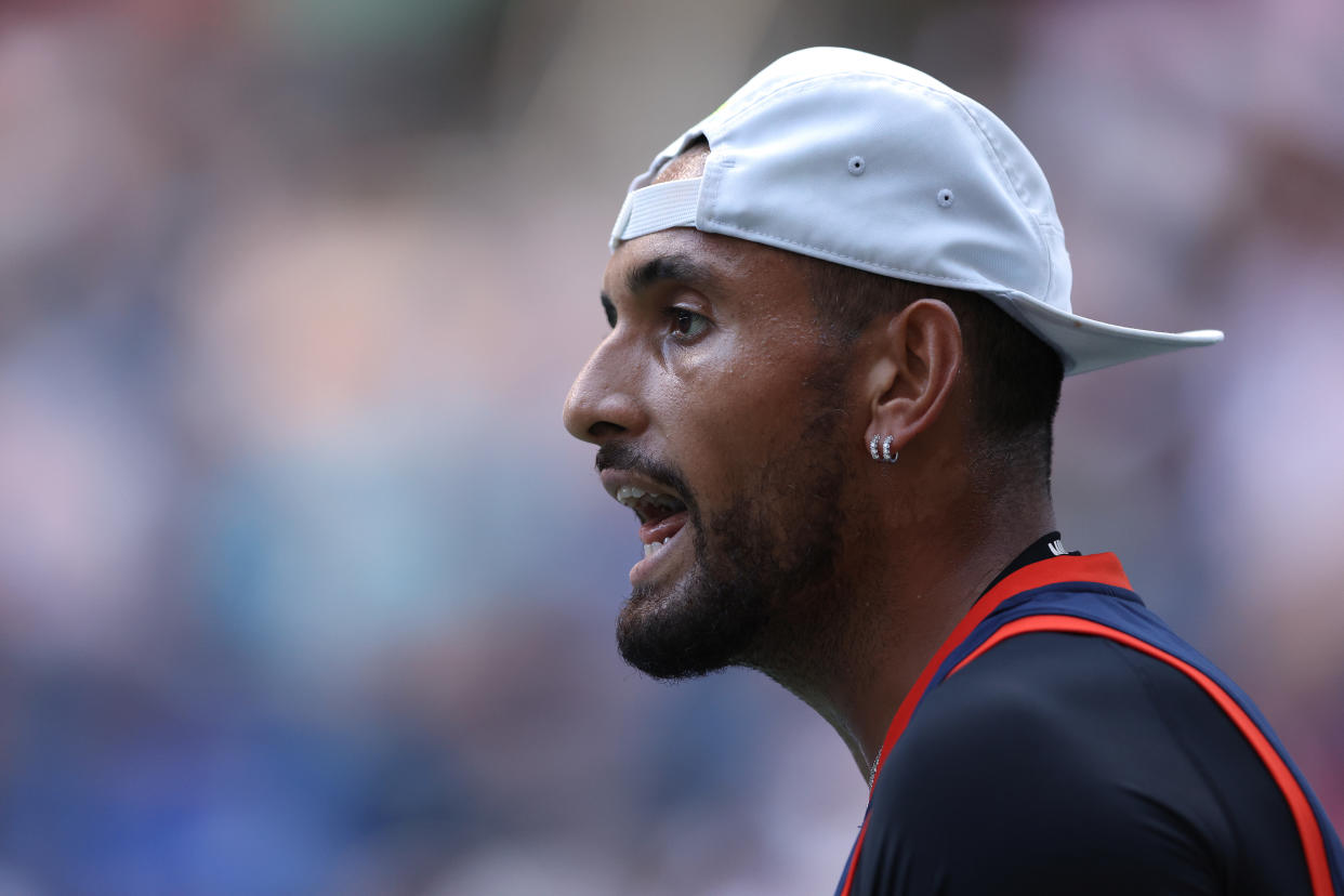 NEW YORK, NEW YORK - AUGUST 31: Nick Kyrgios of Australia reacts against Benjamin Bonzi of France in their Men's Singles Second Round match on Day Three of the 2022 US Open at USTA Billie Jean King National Tennis Center on August 31, 2022 in the Flushing neighborhood of the Queens borough of New York City. (Photo by Matthew Stockman/Getty Images)