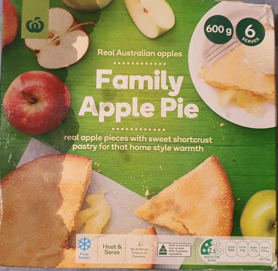 Woolworths apple pie box pictured.