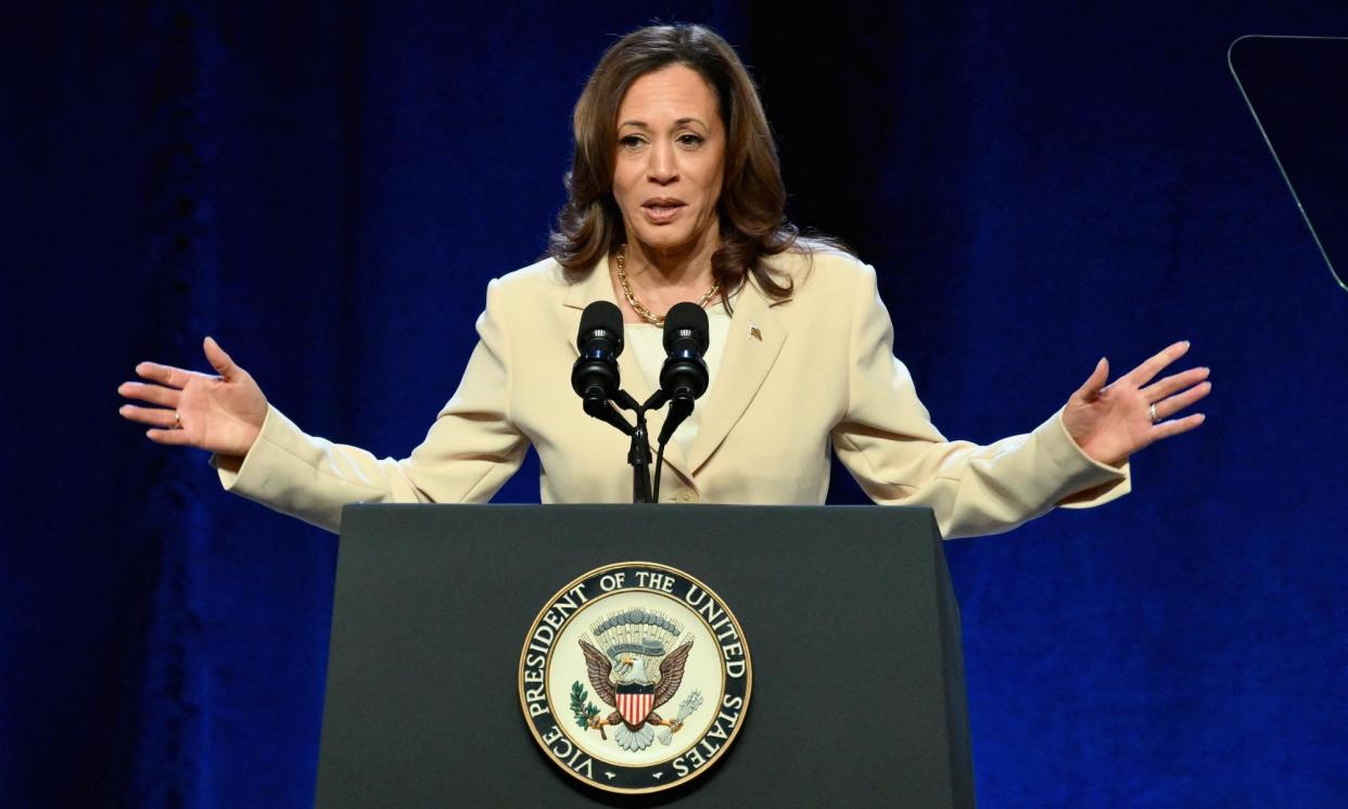 <span>Vice-President Kamala Harris speaks at the Constitutional Convention of the Unite Here hospitality union in New York on 21 June 2024. </span><span>Photograph: Angela Weiss/AFP/Getty Images</span>